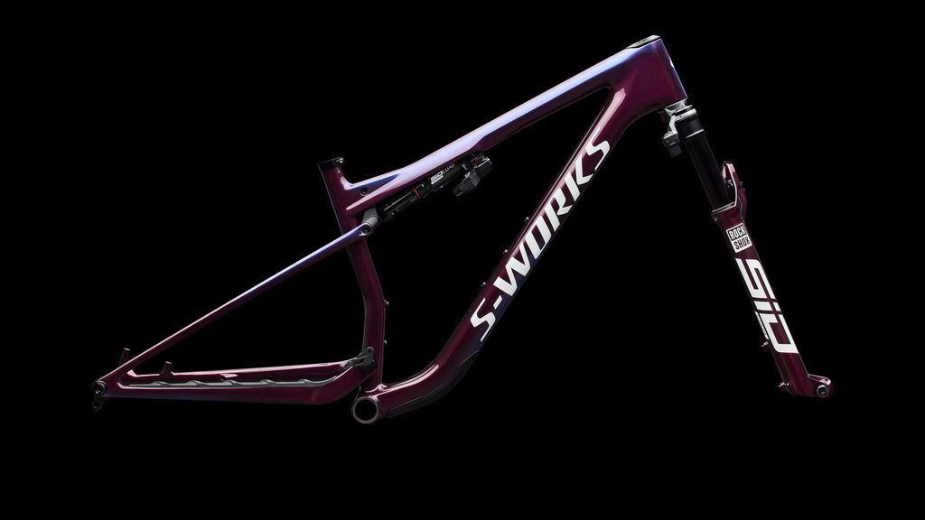 S-Works Epic 9 Frameset (2027) — Gloss Bordeaux Metallic / Blue Pearl Edge Fade / Metallic White Silver — side view