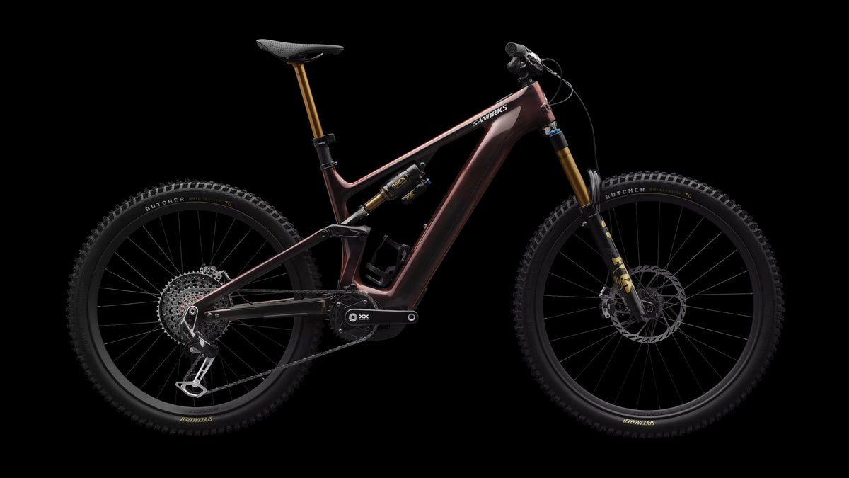 S-Works Turbo Levo 4 (2026) — Gloss Red Pearl / Black / Metallic White Silver — side view