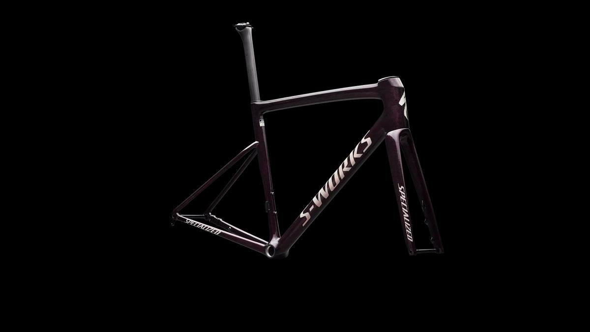 S-Works Tarmac SL8 Frameset - FACT 12r Carbon (2026) — Gloss Carbon / Bordeaux Metallic + Nebula Directional Brush / Pearl Over White — detail 50