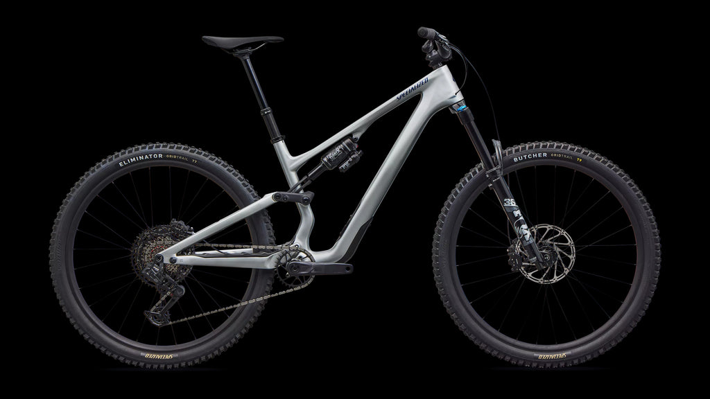 Stumpjumper 15 EVO Comp - SRAM S-1000 AXS, FOX Rhythm (2026) — Gloss Shadow Silver / Majesty Blue Metallic — side view