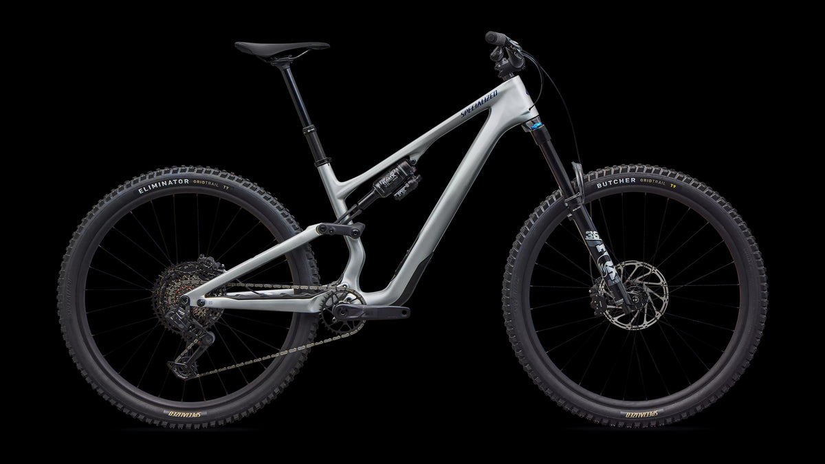 Stumpjumper 15 EVO Comp - SRAM S-1000 AXS, FOX Rhythm (2026) — Gloss Shadow Silver / Majesty Blue Metallic — side view