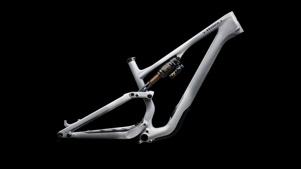 S-Works Stumpjumper 15 EVO Frameset - FOX FLOAT X GENIE Factory (2026) — Satin Shadow Silver / Ashen Grey / Gloss Black Liquid Metal — side view