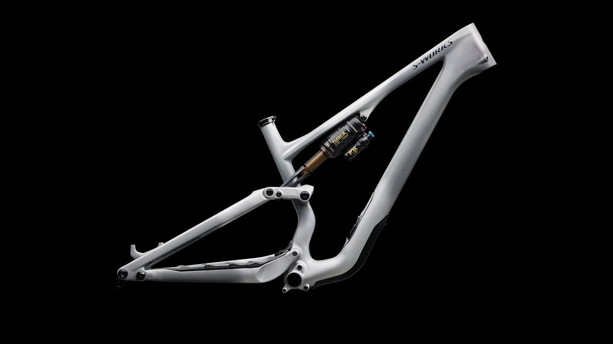 S-Works Stumpjumper 15 EVO Frameset - FOX FLOAT X GENIE Factory (2026) — Satin Shadow Silver / Ashen Grey / Gloss Black Liquid Metal — side view