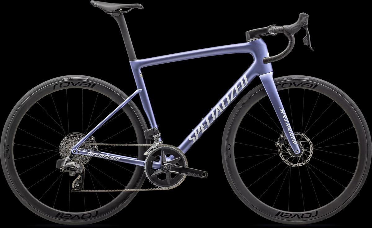 Tarmac SL8 Expert - SRAM Rival AXS (2024) — Satin Powder Indigo Tint Over Silver Dust / White — side view