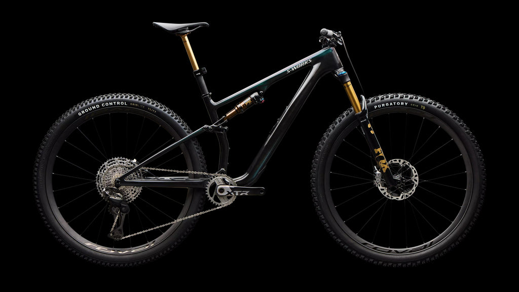 S-Works Epic 8 EVO - Shimano XTR Di2, FOX Factory (2026) — Gloss Carbon / Green to Purple Viavi Fade / Brushed Liquid Metal — side view