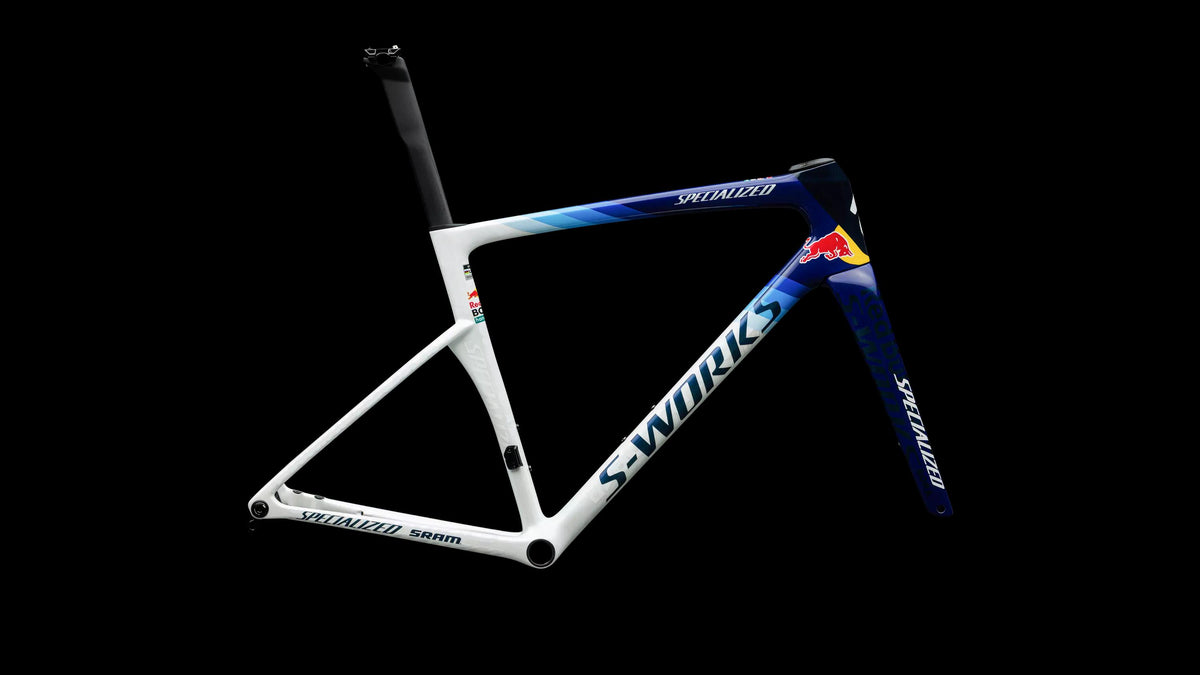S-Works Tarmac SL9 Team Replica Frameset - Red Bull - BORA - hansgrohe (2027) — Gloss Metallic White Silver / Deep Blue — side view