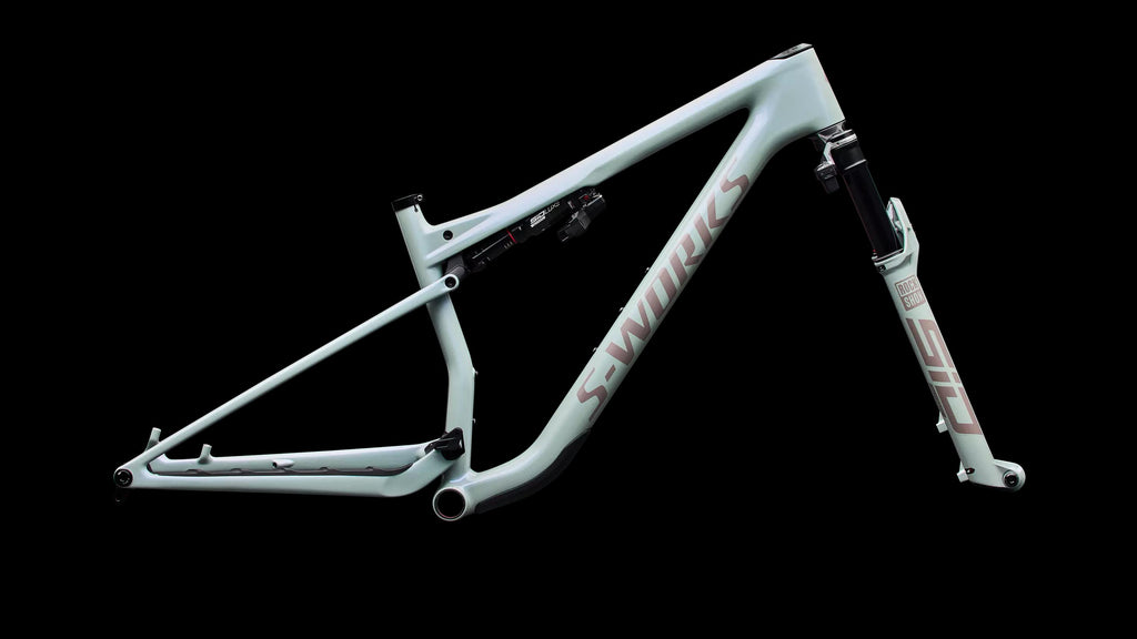 S-Works Epic 9 Frameset (2027) — Gloss Agave Grey / Violet Pearl / Desert Metallic — side view