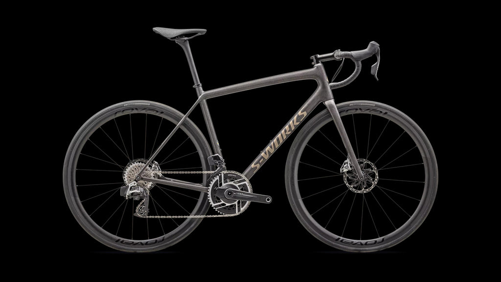 S-Works Aethos - SRAM RED AXS (2025) — Satin Doppio / Gunmetal Dry Brushed / Gold Pearl — side view