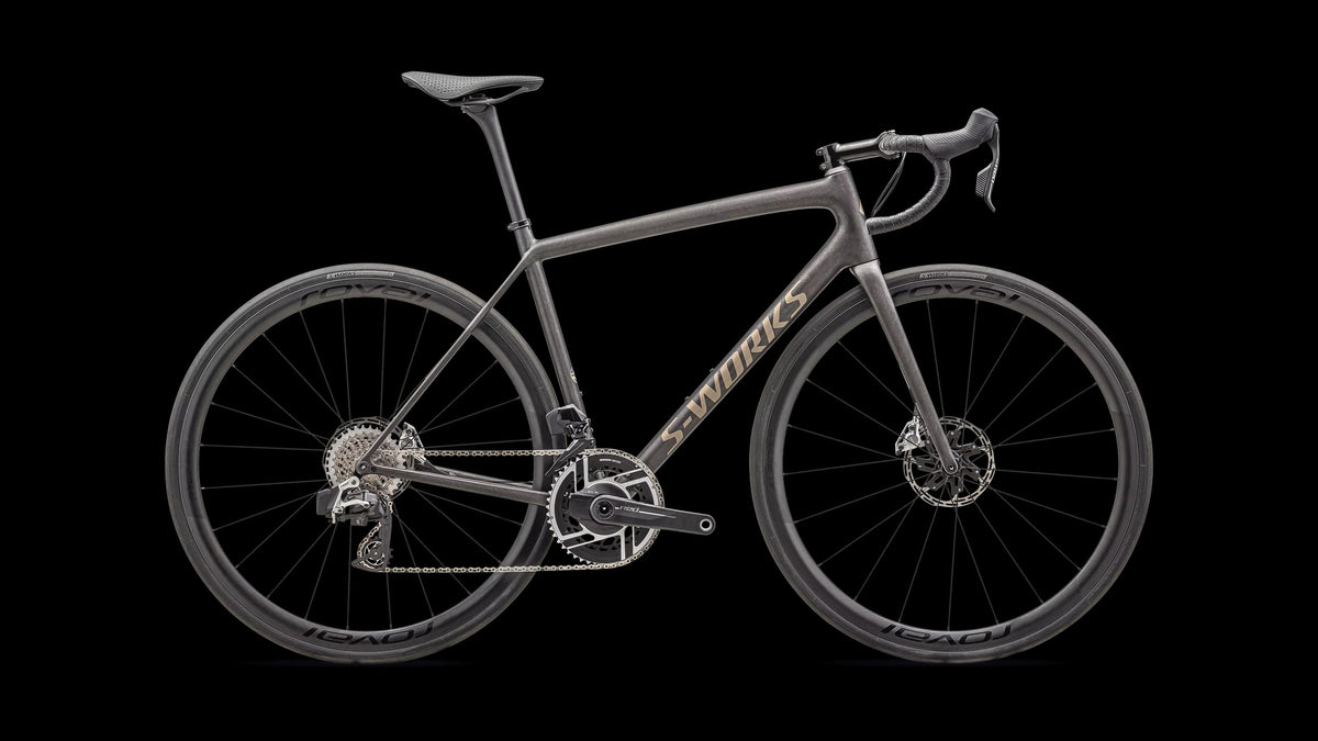 S-Works Aethos - SRAM RED AXS (2025) — Satin Doppio / Gunmetal Dry Brushed / Gold Pearl — side view