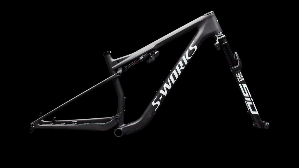 S-Works Epic 9 Frameset (2027) — Satin Carbon / Metallic White Silver — side view