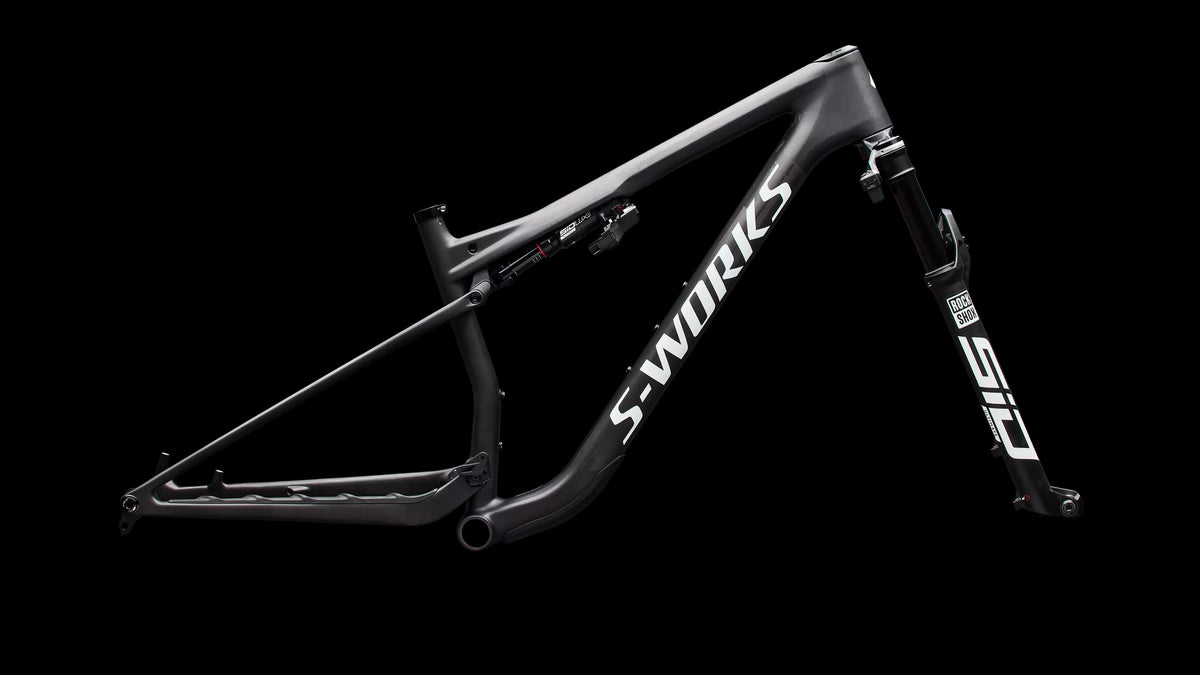 S-Works Epic 9 Frameset (2027) — Satin Carbon / Metallic White Silver — side view