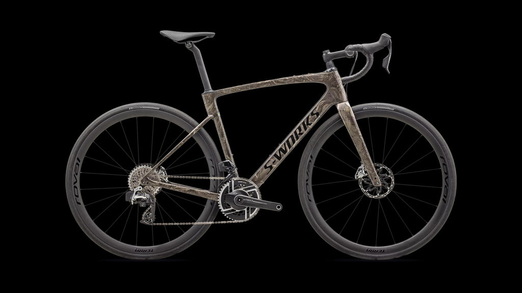 S-Works Roubaix SL8 – SRAM RED AXS (2025) — Gloss Taupe / Gunmetal Strata / Charcoal — side view