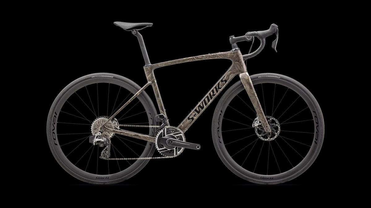 S-Works Roubaix SL8 – SRAM RED AXS (2025) — Gloss Taupe / Gunmetal Strata / Charcoal — side view
