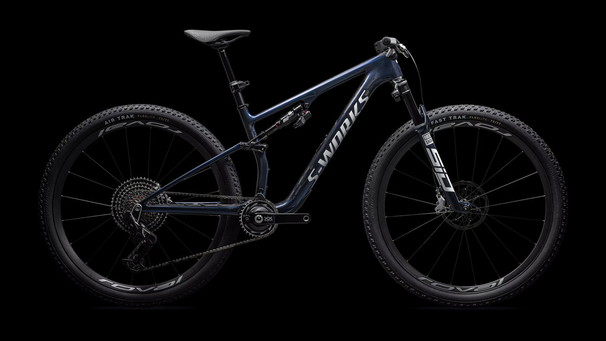 S-Works Epic 8 - SRAM XX SL AXS, RockShox Ultimate Flight Attendant (2026) — Gloss Cyan Blue Pearl / Metallic White Silver — side view