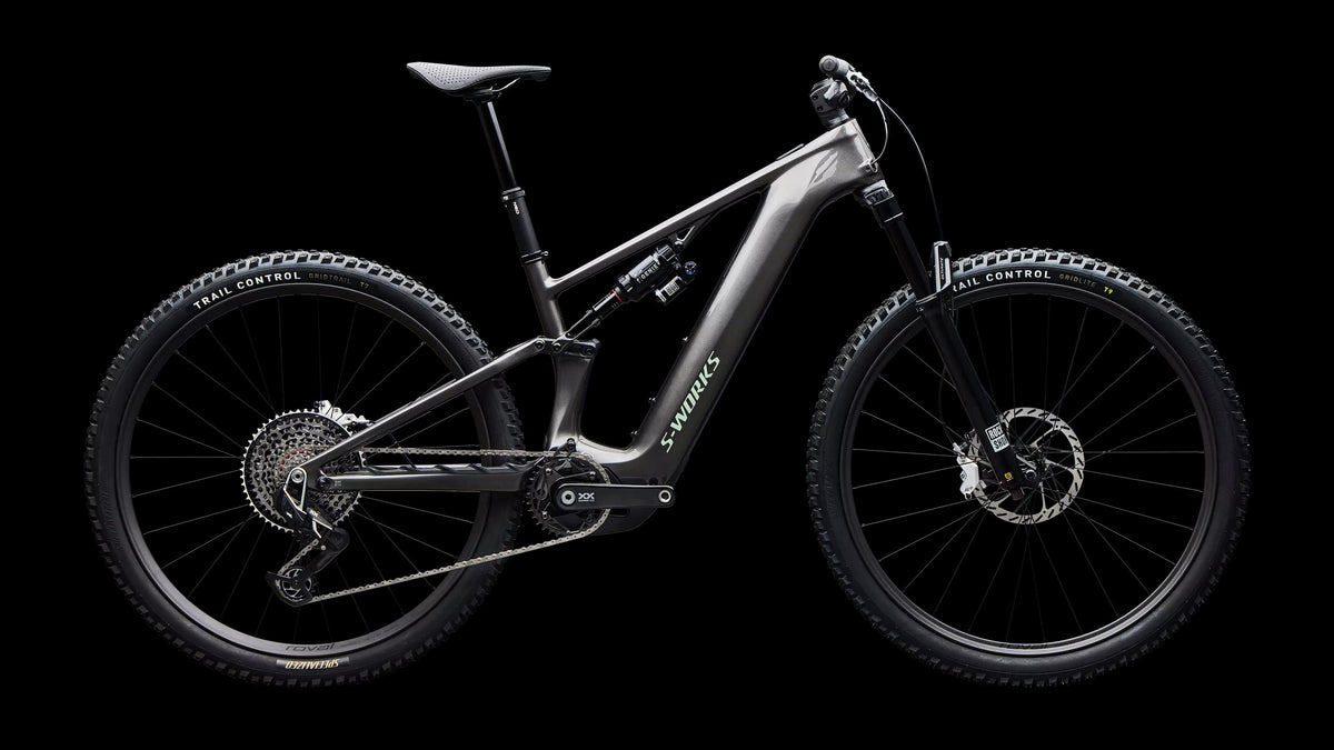 S-Works Turbo Levo R (2027) — Gloss Warm Smoke / Pistachio — side view