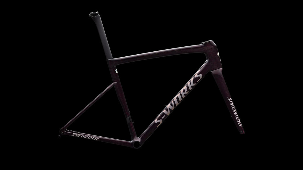 S-Works Tarmac SL8 Frameset - FACT 12r Carbon (2026) — Gloss Carbon / Bordeaux Metallic + Nebula Directional Brush / Pearl Over White — side view