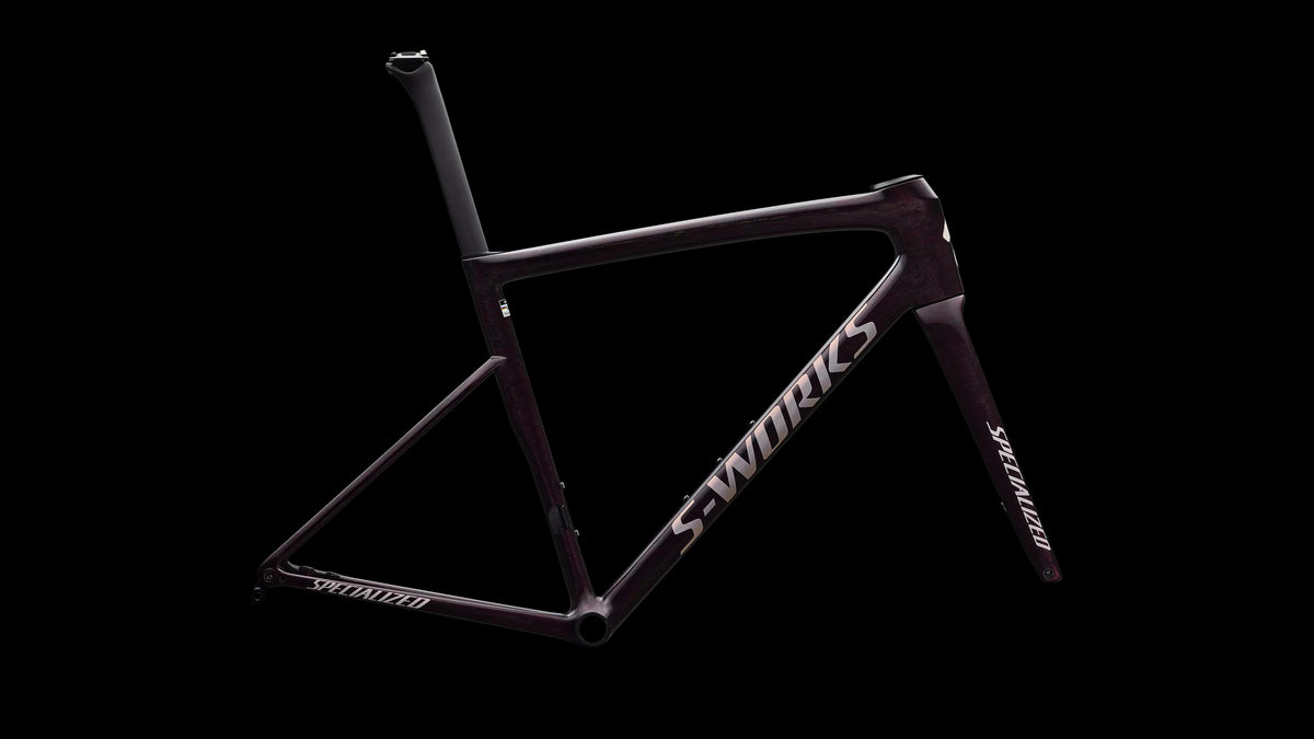 S-Works Tarmac SL8 Frameset - FACT 12r Carbon (2026) — Gloss Carbon / Bordeaux Metallic + Nebula Directional Brush / Pearl Over White — side view