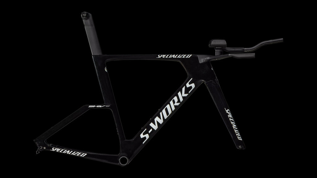 S-Works Shiv TT Disc Module - FACT 11r Carbon (2025) — Gloss Tarmac Black / Metallic White Silver — side view