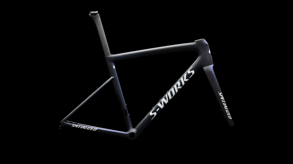 S-Works Tarmac SL8 Frameset - FACT 12r Carbon (2026) — Satin Carbon / Cyan To Blue Viavi Pearl Front Edge Fade / Metallic White Silver — side view
