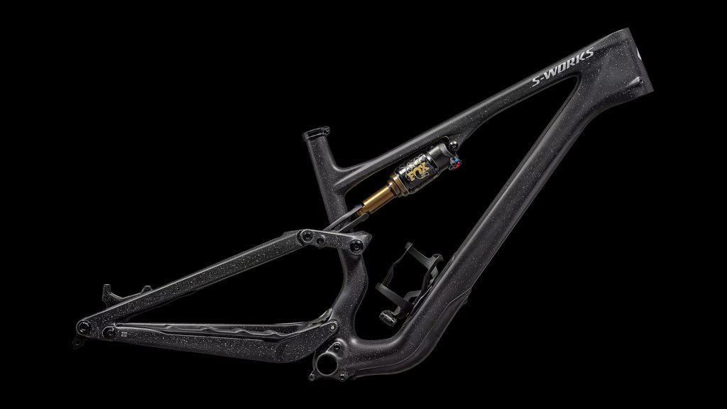 S-Works Stumpjumper 15 Frameset - FOX FLOAT GENIE Factory (2025) — Satin Nrly Blk / Blk / Cool Grey / Obsidian / Satin Dove Grey — side view