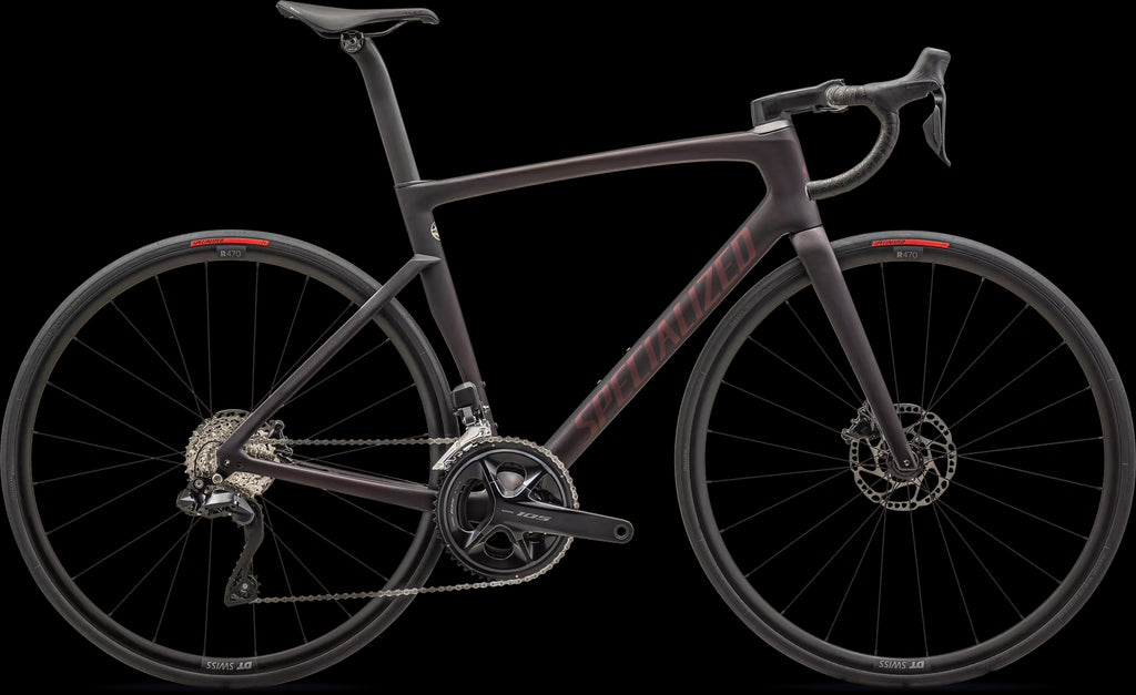 Tarmac SL7 Comp - Shimano 105 Di2 (2024) — Satin Red Tint Over Carbon / Red Sky — side view