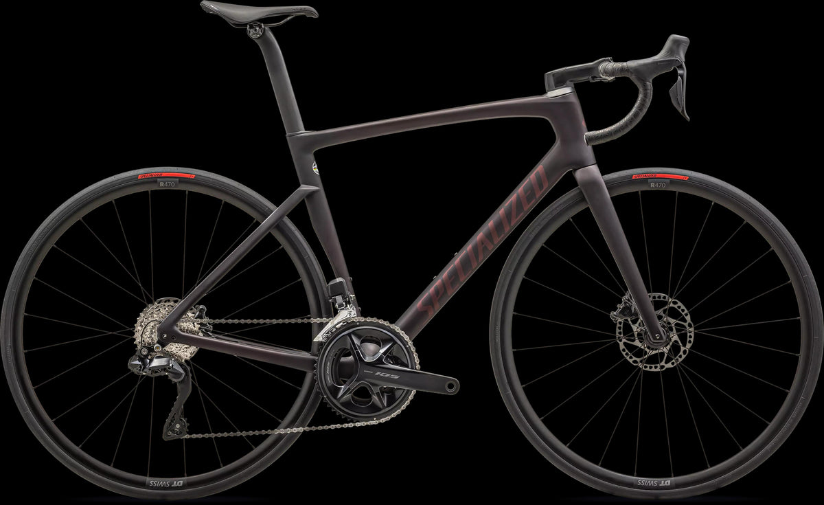 Tarmac SL7 Comp - Shimano 105 Di2 (2024) — Satin Red Tint Over Carbon / Red Sky — side view