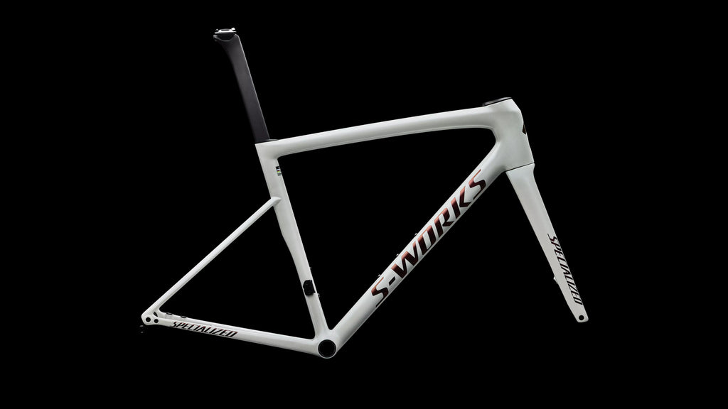 S-Works Tarmac SL8 Frameset - FACT 12r Carbon (2026) — Gloss Metallic White Silver / Pearl / Black — side view