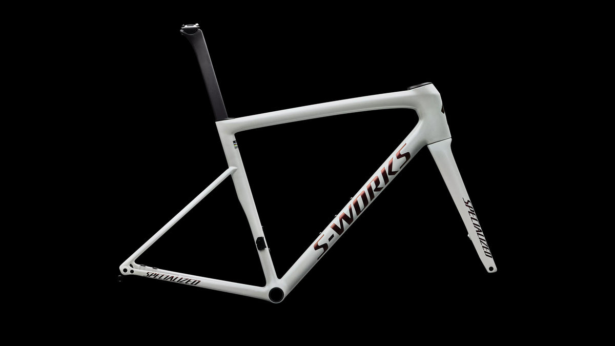 S-Works Tarmac SL8 Frameset - FACT 12r Carbon (2026) — Gloss Metallic White Silver / Pearl / Black — side view